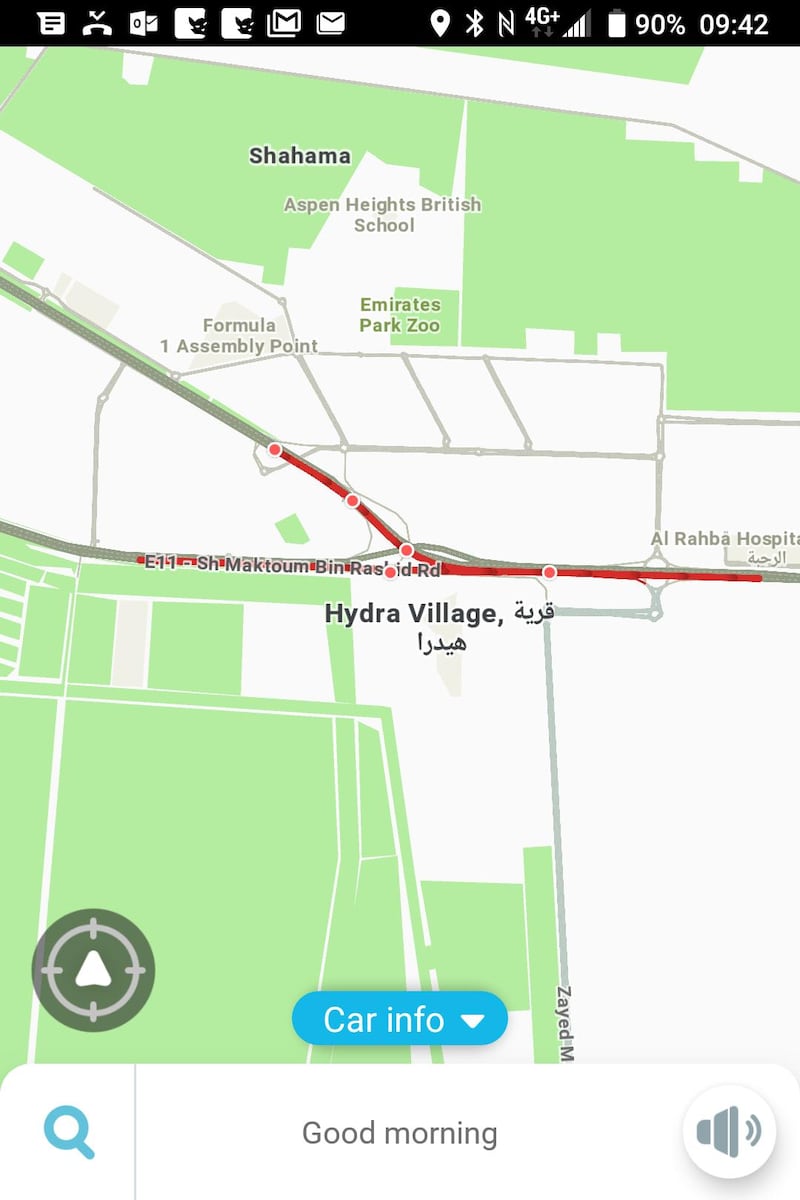 Heavy congestion on roads leading from Abu Dhabi to Dubai. Coutesy Waze traffic app