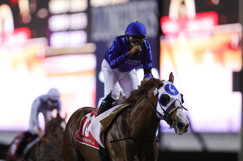 Mystic Guide ridden by Luis Saez in action during the 4:50 Dubai World Cup. REUTERS