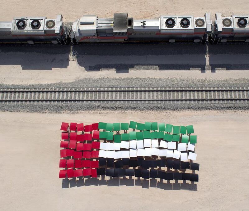Etihad Rail, the developer and operator of the UAE’s national railway network, celebrates UAE Flag Day. Courtesy  Etihad Rail
