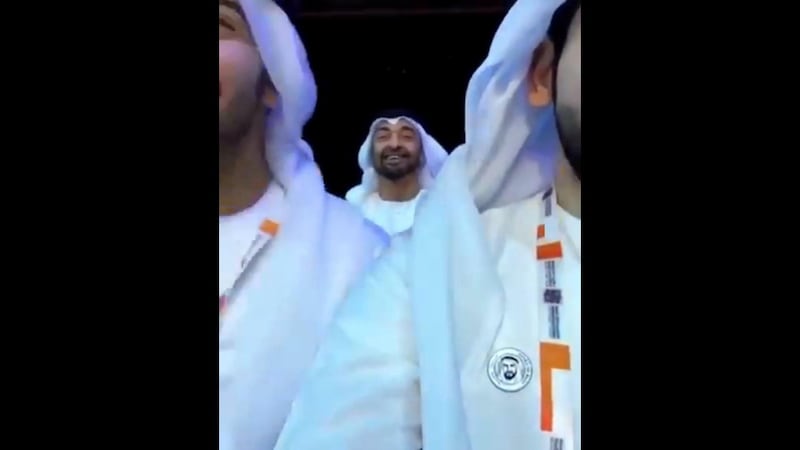 Screengrab taken from a social media video showing Sheikh Mohamed bin Zayed laughing while attending the Majlis for Future Generations in Abu Dhabi.