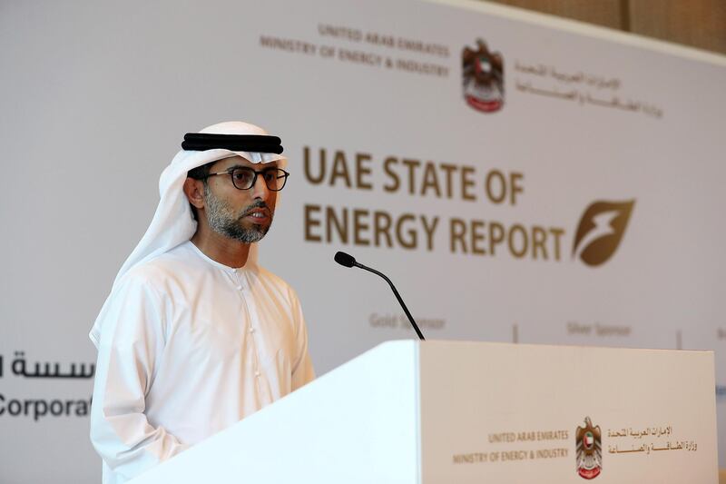 ABU DHABI,  UNITED ARAB EMIRATES , JUNE 19 – 2019 :- Suhail Al Mazroui, Minister of Energy and Industry , UAE speaking during the UAE State of Energy Report held at Rosewood hotel in Abu Dhabi. ( Pawan Singh / The National ) For Business. Story by Jennifer