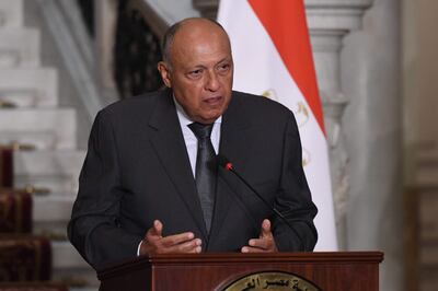Egyptian Foreign Minister Sameh Shoukry at the press conference with David Cameron. AFP