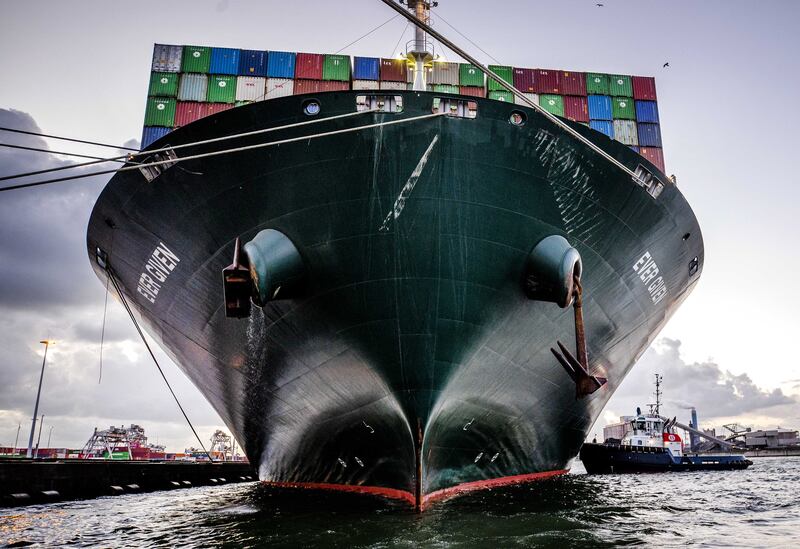 The container ship Ever Given arrives at the ECT  Delta terminal in the port of Rotterdam, the Netherlands.