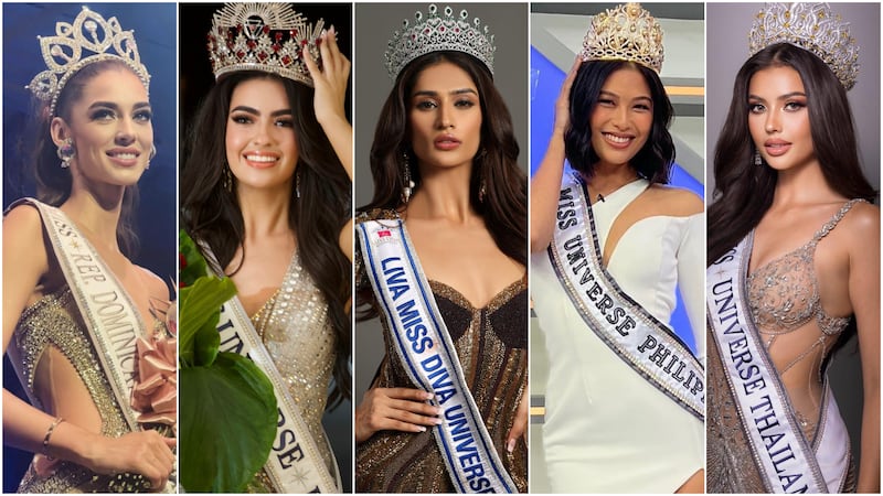 From left, Mariana Downing (Dominican Republic), Lujane Yacoub (Bahrain), Shweta Sharda (India), Michelle Dee (Philippines) and Anntonia Porsild (Thailand). Photo: @marianadowningg, @missdivaorg, @themissuniverseph, @missuniverse.in.th / Instagram and Yugen Group