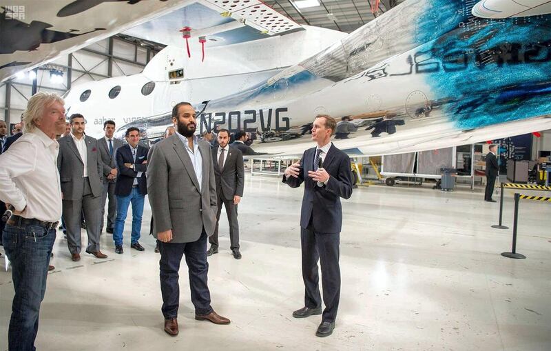 Saudi Arabia's Crown Prince Mohammed bin Salman visits Virgin Galactic in California on April 2, 2018. Photo: Saudi Press Agency