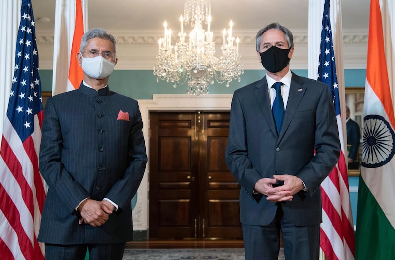 Secretary of State Antony Blinken meets with Indian External Affairs Minister Subrahmanyam Jaishankar at the State Department in Washington, Friday, May 28, 2021. (Saul Loeb/Pool via AP)