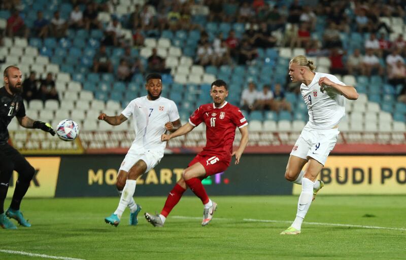 Norway's Erling Haaland scores their first goal. Reuters