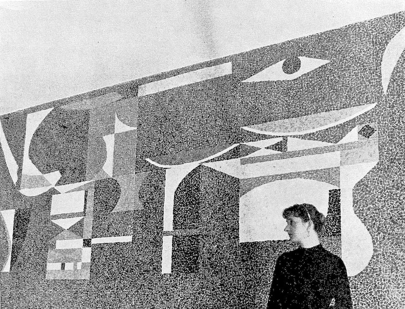 Lorna Selim standing front of a 1956 mosaic mural by her husband Jewad Selim from the house of Fariuk Fatah. Photo: National Museum for Modern Art