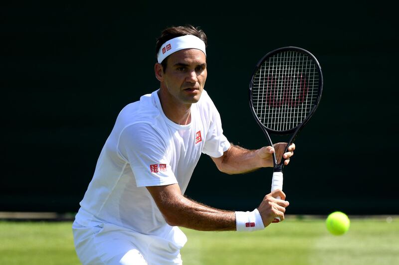 LONDON, ENGLAND - JUNE 29: Roger Federer of Switzerland during a practice session ahead of The Championships - Wimbledon 2019 at All England Lawn Tennis and Croquet Club on June 29, 2019 in London, England. (Photo by Matthias Hangst/Getty Images)