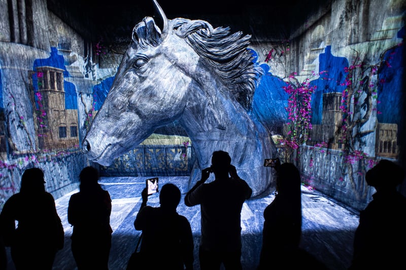 In the Passions and Values gallery, visitors are surrounded by grey sandstone, which rises  into a 5.5-metre, 52-tonne sculpture of the neck and head of Dubai Millennium, Sheikh Mohammed’s favourite racehorse.