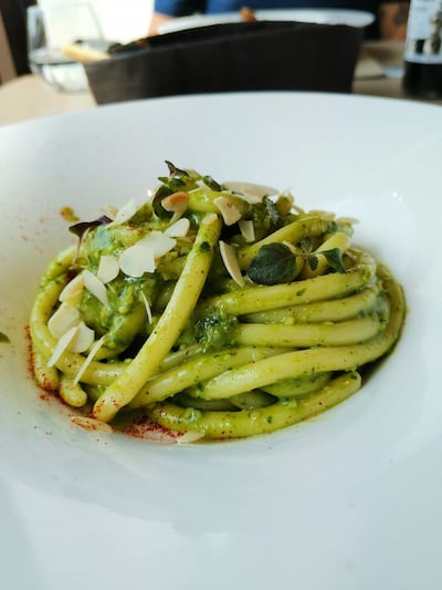 Handmade pasta with basil almond pesto 