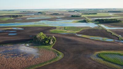 Flooded corn and soybean crop fields outside Wimbledon, North Dakota, in 2022. Food supplies are increasingly under threat from extreme weather events. Bloomberg
