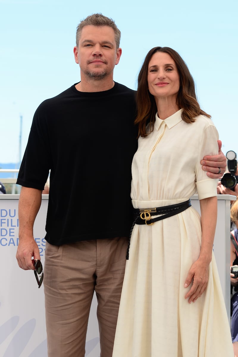 Camille Cottin and Matt Damon attend the photocall for 'Stillwater' at the 74th annual Cannes Film Festival on July 9, 2021.