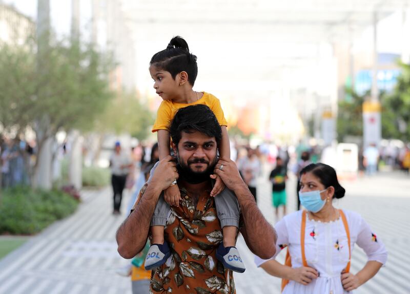 A family enjoys the final weeks of Expo 2020 Dubai. Chris Whiteoak / The National