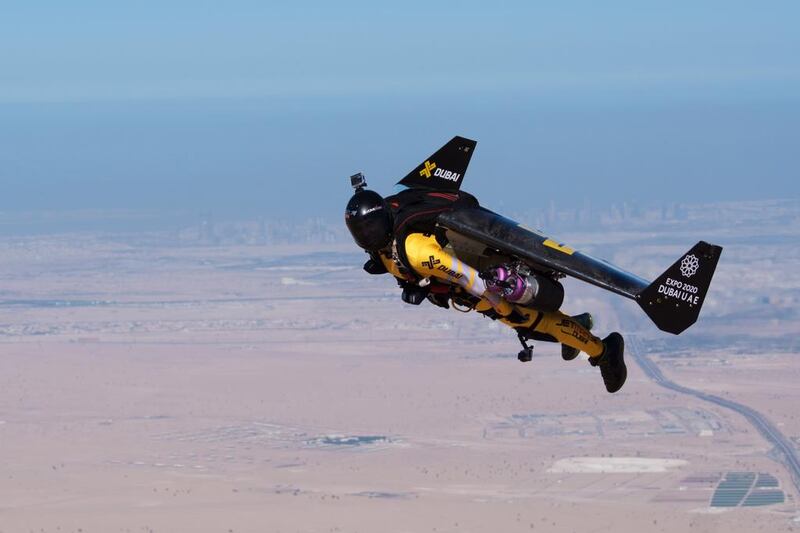 Yves Rossy, the Jetman, takes to the UAE skies in one of his regular training sessions. Courtesy Yves Rossy