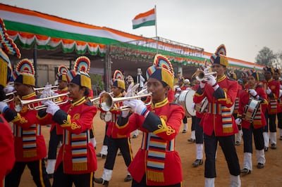 A marching band participates in a full dress rehearsal parade to celebrate India’s 75th Republic Day. Getty Images