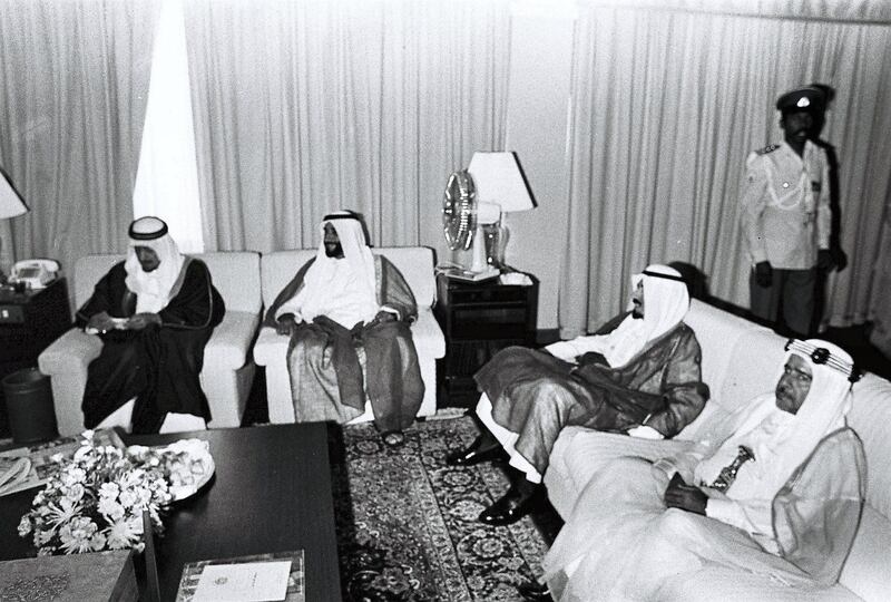 Sheikh Zayed sits with Emir Jaber Al Ahmad of Kuwait, Emir Isa of Bahrain and King Khalid of Saudi Arabia during the first GCC summit in 1981.
