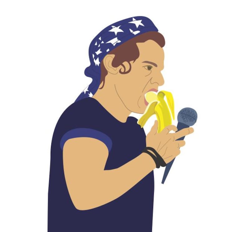 Styles loves eating so much he often does it on stage, while performing in front of thousands of fans. His food of choice? Bananas. He even dressed up as a banana and danced on stage in the costume in a United States show last September.  Illustration: Mathew Kurian / The National