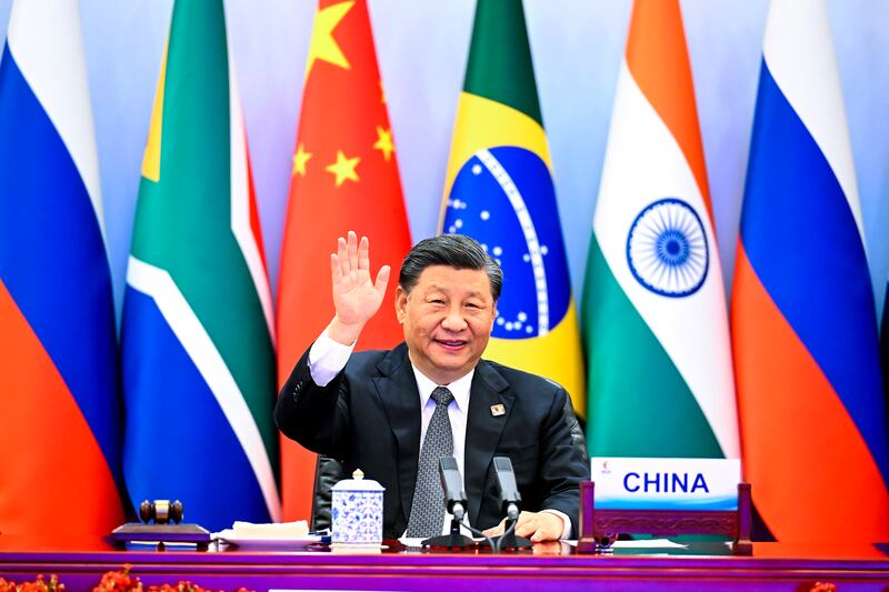 Chinese President Xi Jinping hosting the 14th BRICS Summit via video link. AP