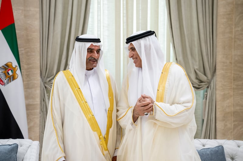 Sheikh Hamad bin Mohammed Al Sharqi, Ruler of Fujairah and Sheikh Saud bin Saqr Al Qasimi, Ruler of Ras Al Khaimah, talk during the reception. Photo: Hamad Al Kaabi / UAE Presidential Court