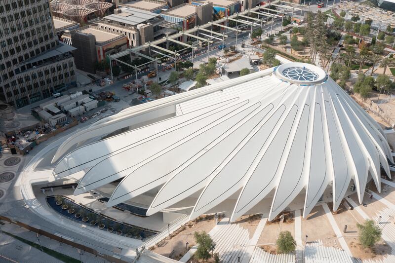 The nearly finished UAE pavilion at Expo 2020 Dubai replicates the shape of a falcon's wings. Photo: Abu Dhabi Media Office