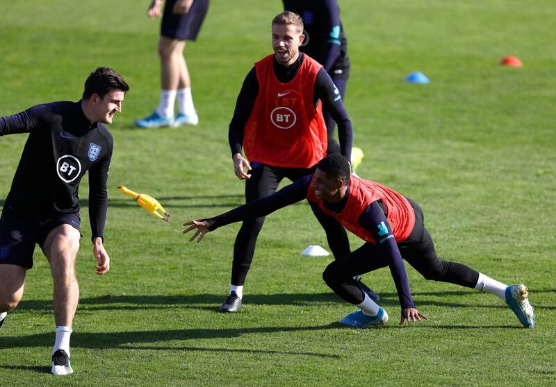 England's players training in Prague ahead of their Euro 2020 Group A qualifying match against Bulgaria in Sofia on Monday. Reuters