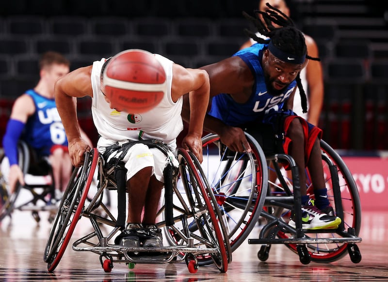 Algeria's Rafik Mansouri and Matt Scott of the United States during their Tokyo Paralympics wheelchair basketball match at the Ariake Arena on Monday August 30. Reuters