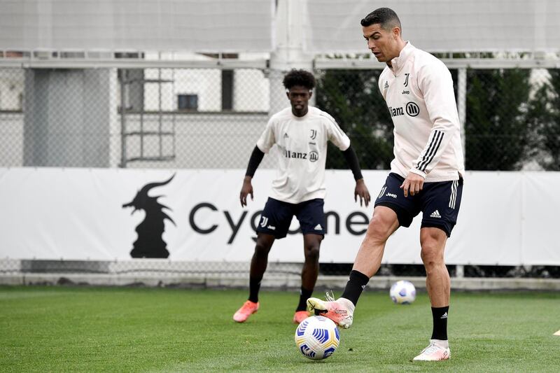 TURIN, ITALY - APRIL 30: Juventus player Cristiano Ronaldo during a training session at JTC on April 30, 2021 in Turin, Italy. (Photo by Daniele Badolato - Juventus FC/Juventus FC via Getty Images)