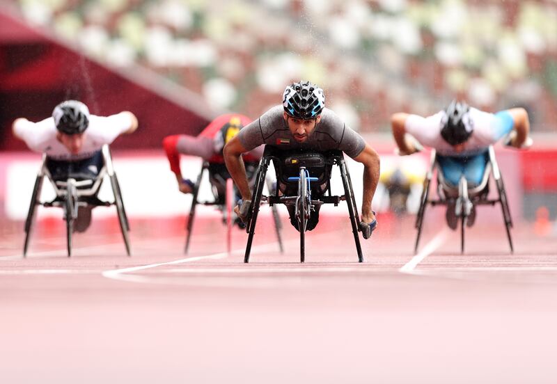 Mohamed Alhammadi of the UAE crosses the finish line in the Men's 800m - T34 heat on day 10 of the Tokyo 2020 Paralympic Games at the Olympic Stadium in Tokyo, Japan. Getty Images