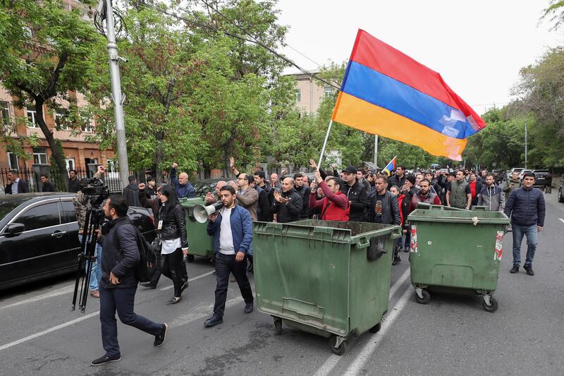 Protesters block a street during the anti-government demonstration in Yerevan. Reuters