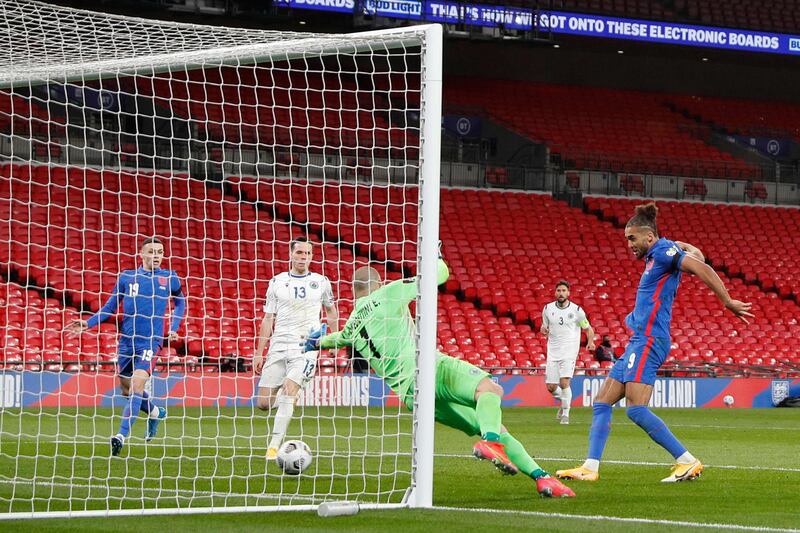 England's striker Dominic Calvert-Lewin scores their fourth goal. AFP