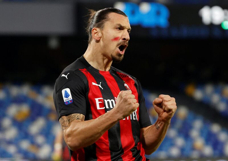 Zlatan Ibrahimovic celebrates after scoring AC Milan's first goal against Napoli at the Stadio San Paolo on Sunday. Reuters