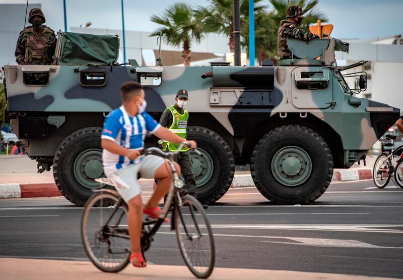 Moroccan soldiers patrol the city of Tangiers amid a new outbreak of the coronavirus. AFP