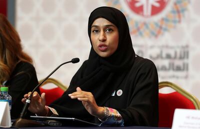 ABU DHABI , UNITED ARAB EMIRATES , March 21 – 2019 :- Hessa Bint Essa Buhumaid, UAE Minister of Community Development speaking during the closing press conference of the Special Olympics World Games Abu Dhabi 2019 held at ADNEC in Abu Dhabi. ( Pawan Singh / The National ) For News. Story by Haneen