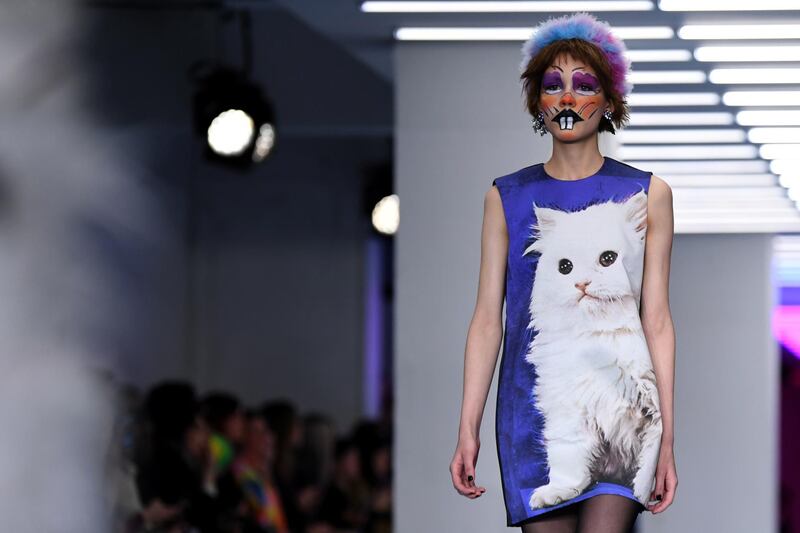 A model presents a creation by designer Ashley Williams during their catwalk show for their Autumn/Winter 2020 collection on the first day of London Fashion Week in London on February 14, 2020. (Photo by DANIEL LEAL-OLIVAS / AFP)