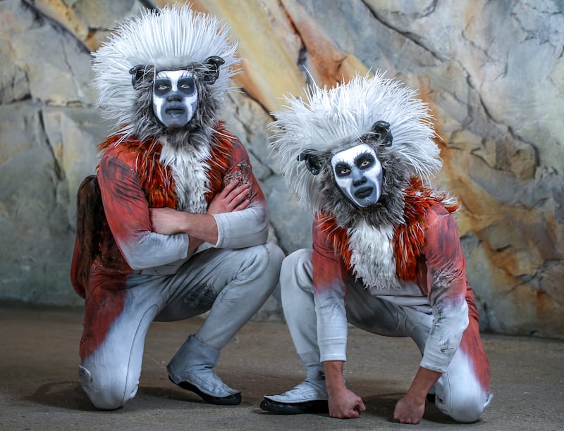Ratcliffe and Lin Fan in full costume as cotton top-tamarins 
