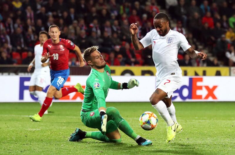 Czech Republic goalkeeper Tomas Vaclik makes a save from England's Raheem Sterling during the UEFA Euro 2020 qualifying, Group A match at Sinobo Stadium, Prague. PA Photo.