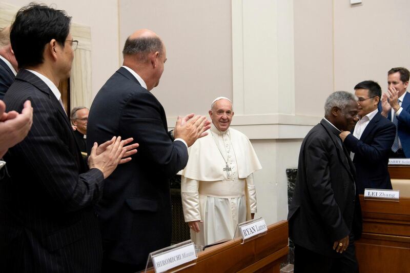 Pope Francis addresses energy representatives at the end of a two-day meeting at the Academy of Sciences, at the Vatican, June 14, 2019. Vatican Media/Handout via REUTERS   THIS IMAGE HAS BEEN SUPPLIED BY A THIRD PARTY.