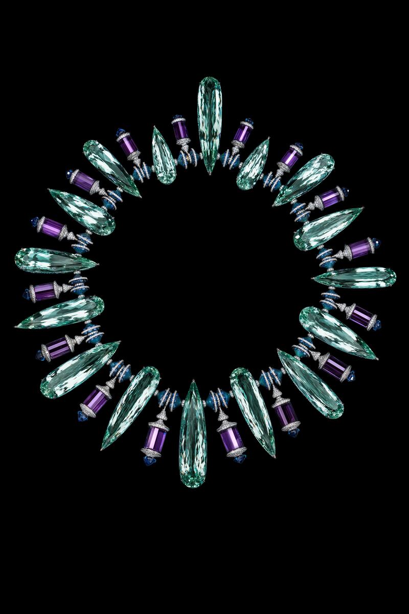 Chan's necklace The Blue Mile, with 16 aquamarines, plus amethysts, sapphires and diamonds in titanium 