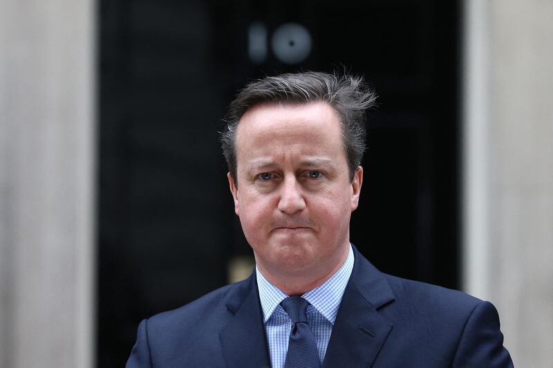 (FILES) In this file photo taken on February 20, 2016 British Prime Minister David Cameron makes a statement to the media outside 10 Downing Street in London on February 20 , 2016 regarding the EU negotiations and to announce the date of the in-out EU referendum after chairing a meeting of the cabinet.  Pressure mounted on Britain's former premier David Cameron on April 12, 2021 as the government announced an inquiry into lobbying of ministers prior to the collapse of finance firm Greensill. / AFP / JUSTIN TALLIS
