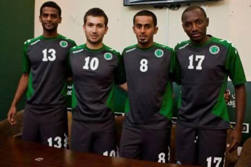 Al Shabab’s new quartet of players, from left, Abdullah Faraj, Carlos Villanueva, Hassan Mohammed Zayed and Fahad Khalfan.