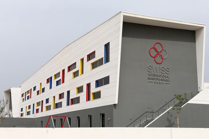 DUBAI , UNITED ARAB EMIRATES – April 14 , 2016 : Exterior view of the Swiss Scientific International School in Dubai. ( Pawan Singh / The National ) For News. Story by Melanie Swan.  ID No : 44748
 *** Local Caption ***  PS1404- SCHOOL GARDEN16.jpg