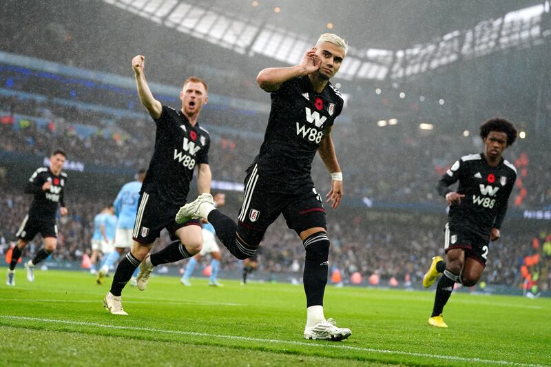 Andreas Pereira celebrates scoring for Fulham in the Premier League match against Manchester City at the Etihad Stadium on November 5, 2022. PA