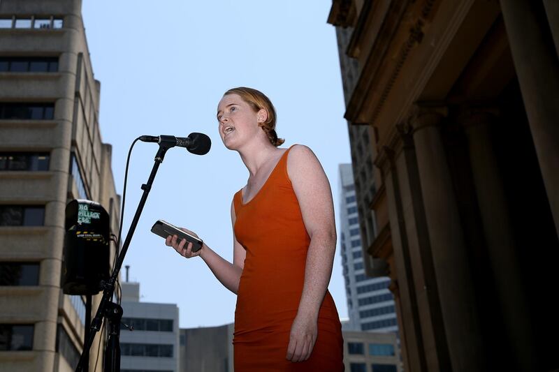 Lily Campbell speaks at Sydney Town Hall in Sydney, Australia. Rallies held across Australia are part of a global mass day of action demanding action on the climate crisis.  Getty Images