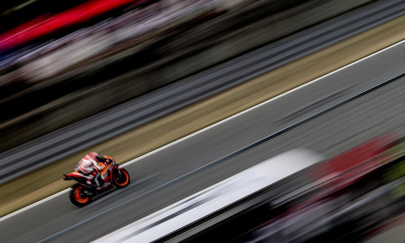 Marc Marquez of Repsol Honda Team in action during the Moto GP Warm up of the Grand Prix of the Czech Republic at Masaryk circuit in Brno, Czech Republic. Martin Divisek/EPA