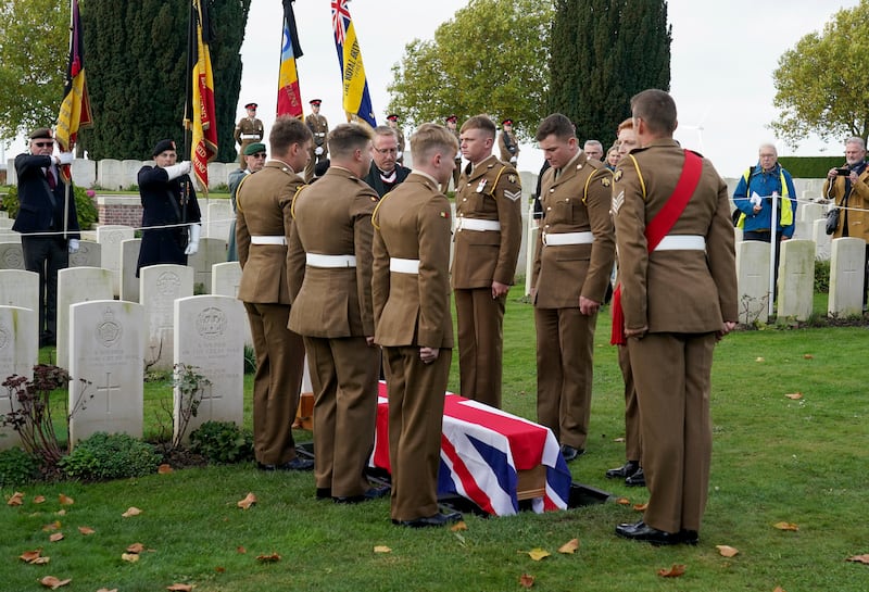 Yorkshire-born Cpl Robert Cook, who died in the First World War, is buried on Wednesday with full military honours at the New Irish Farm Cemetery near Ypres in Belgium. Photo: PA
