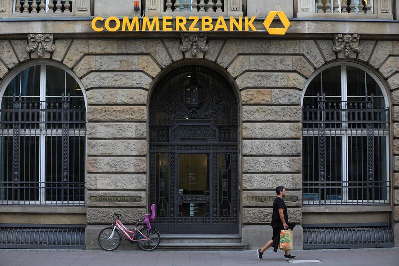 A pedestrian passes a Commerzbank AG bank branch in Frankfurt, Germany, on Tuesday, Sept. 24, 2019. European banks started the week among the worst performers, dragged by German lenders after a slump in the country's manufacturing data. Photographer: Krisztian Bocsi/Bloomberg