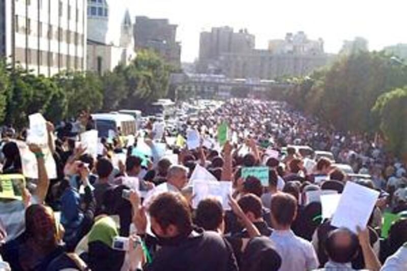 A picture posted on Twitter shows supporters of Mir Hossein Mousavi rallying in Tehran yesterday.