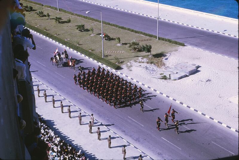 Armed forces march along Abu Dhabi's old corniche as part of National Day celebrations in 1973. Photo: Peter Alves