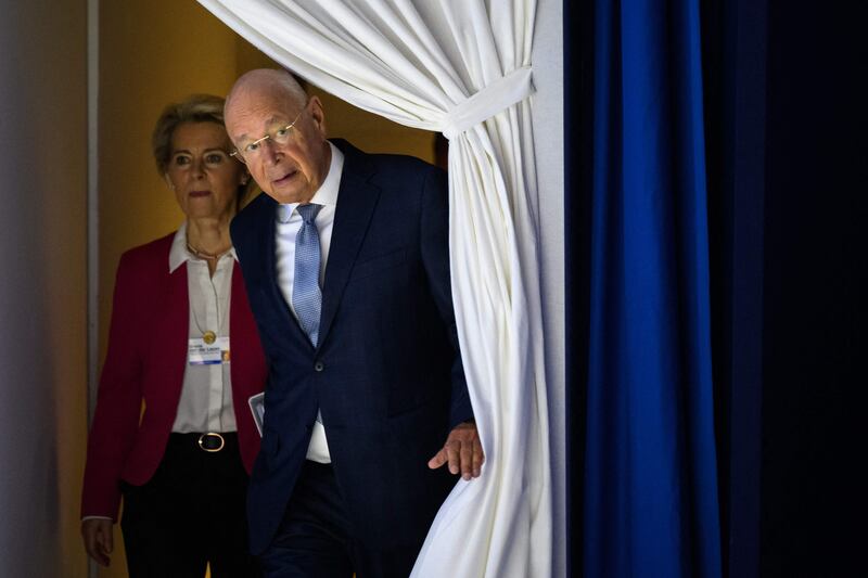 European Commission President Ursula von der Leyen and founder and executive chairman of the World Economic Forum Klaus Schwab prepare to address the assembly in Davos. AFP